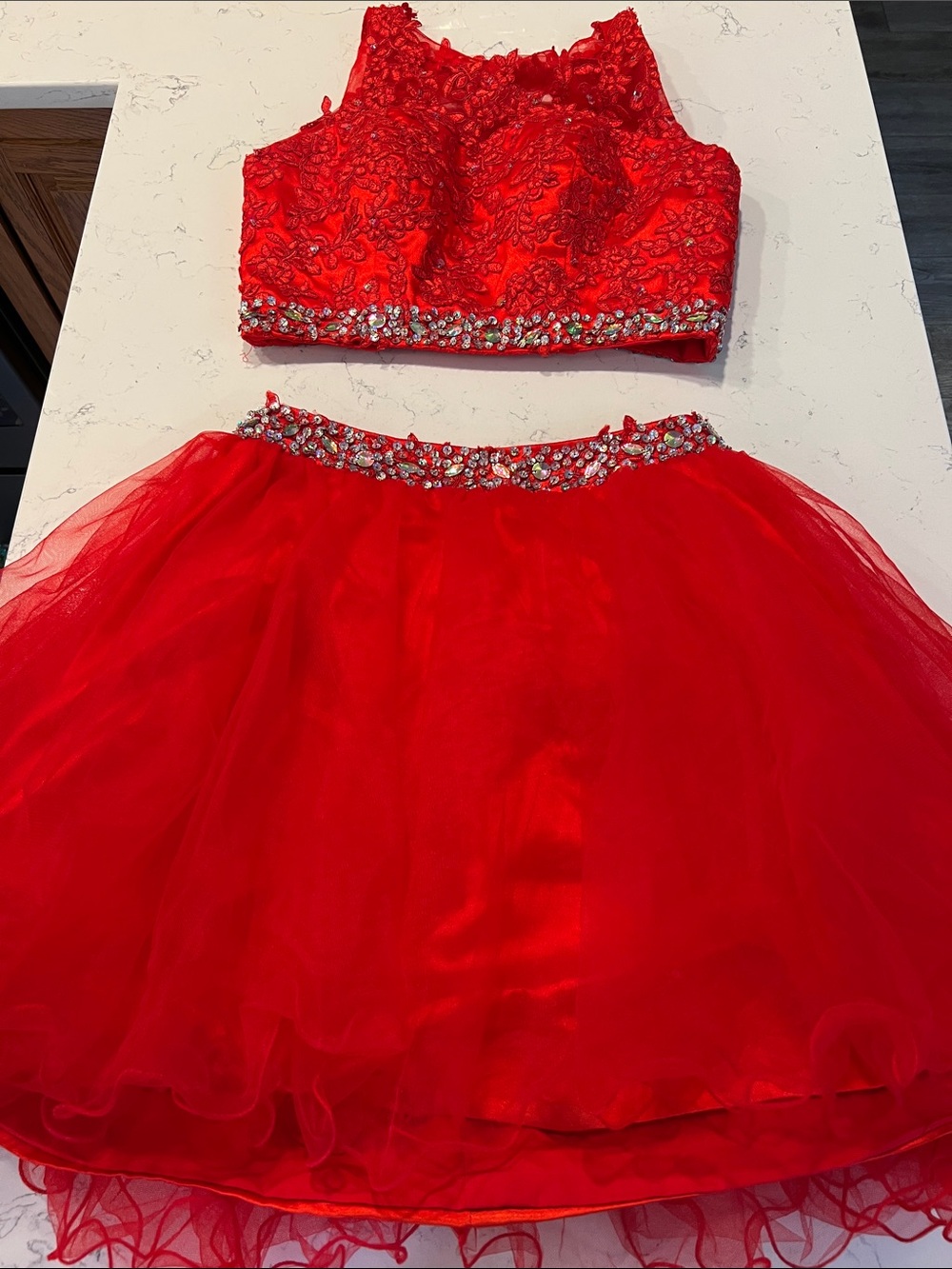 Two-Piece Red Prom Dress with Beaded Waist